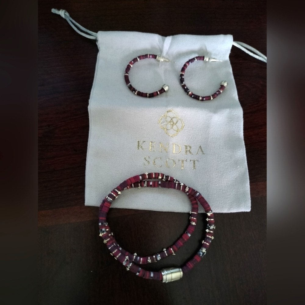 Kendra Scott Maroon 14k Gold Plated Reece Beaded Wrap Bracelet and Earrings
